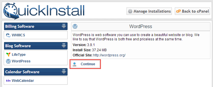 cPanel QuickInstall Continue