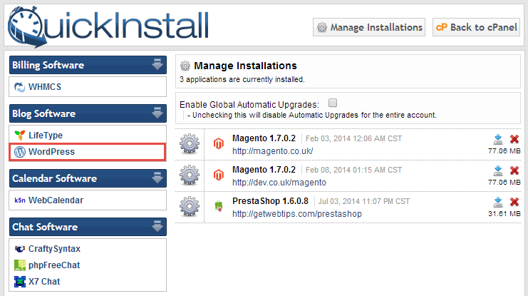 cPanel QuickInstall WordPress