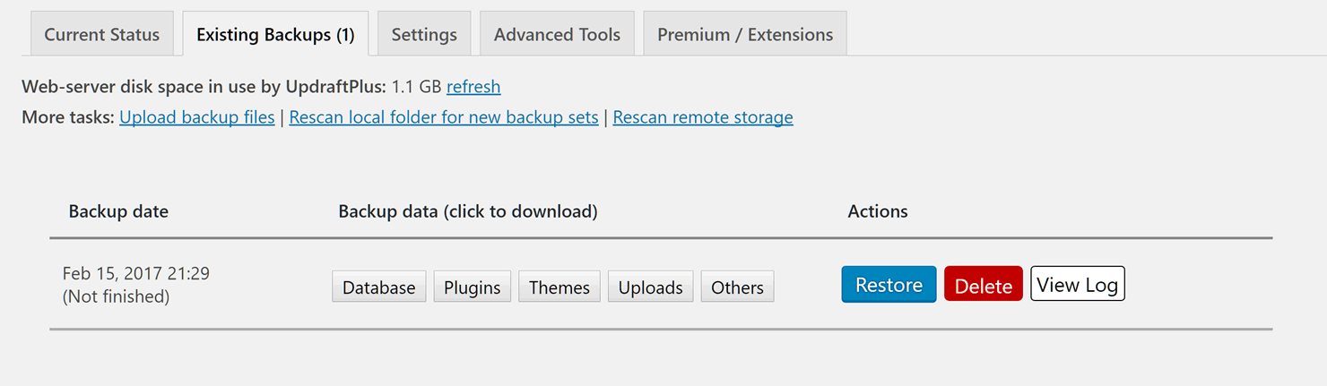 UpdraftPlus Existing Backups